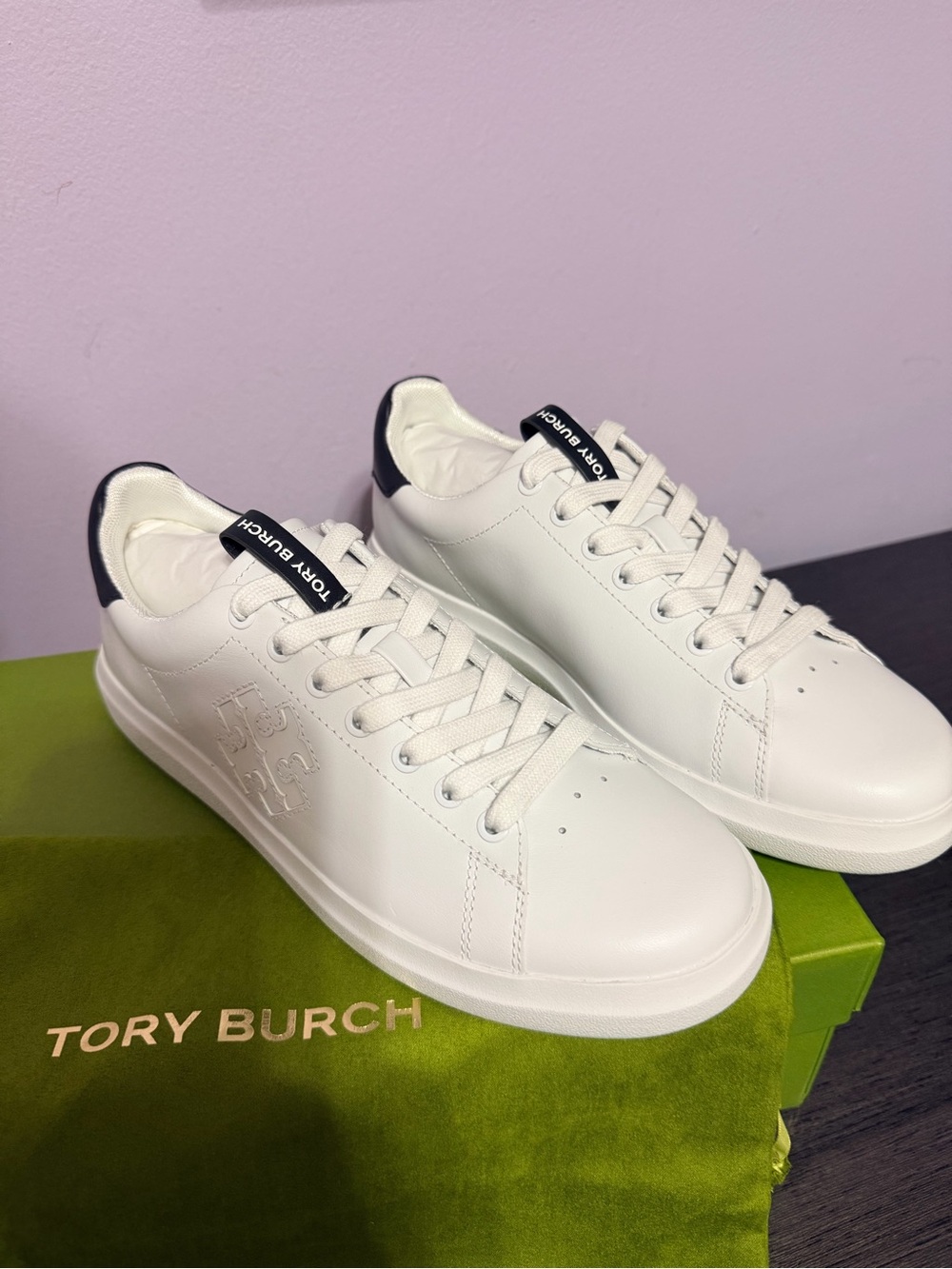 Tory Burch White Leather Sneakers Navy Size 7 NEW IN BOX